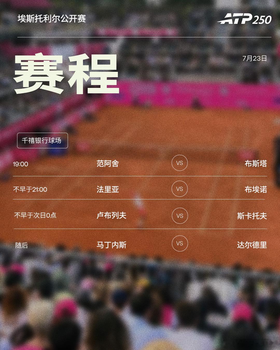 两站 ATP250 红土赛事周四赛程如下，均为北京时间📅📍埃斯托利尔🎾卢布