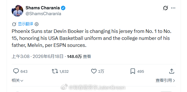 Shams确认，布克将在新赛季把号码从1号改成15号，为了致敬自己的父亲梅尔文·