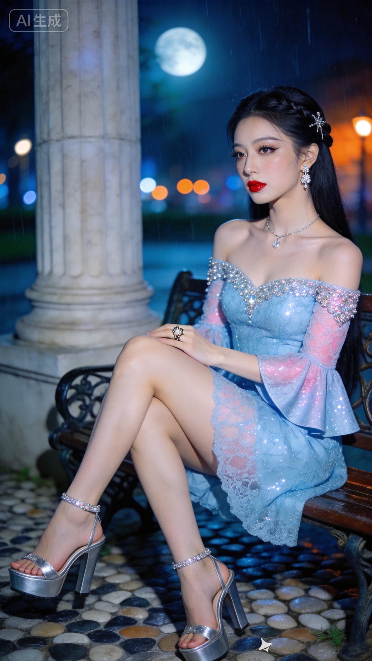 超清写实人像，冰蓝夜景欧式公主风。黑长直半编发缀细钻，清冷妆容配明艳红唇，身着闪