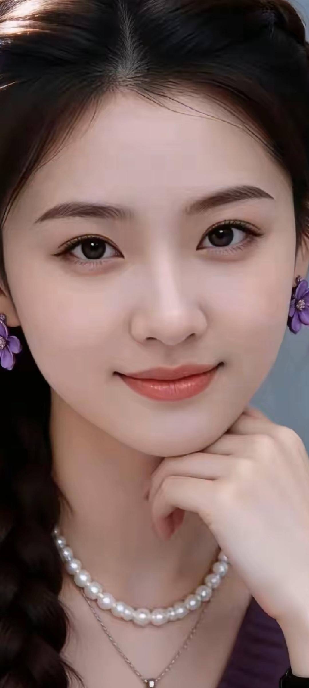 温柔甜美的少女，珍珠项链点缀，紫色花朵耳环，散发优雅气质。