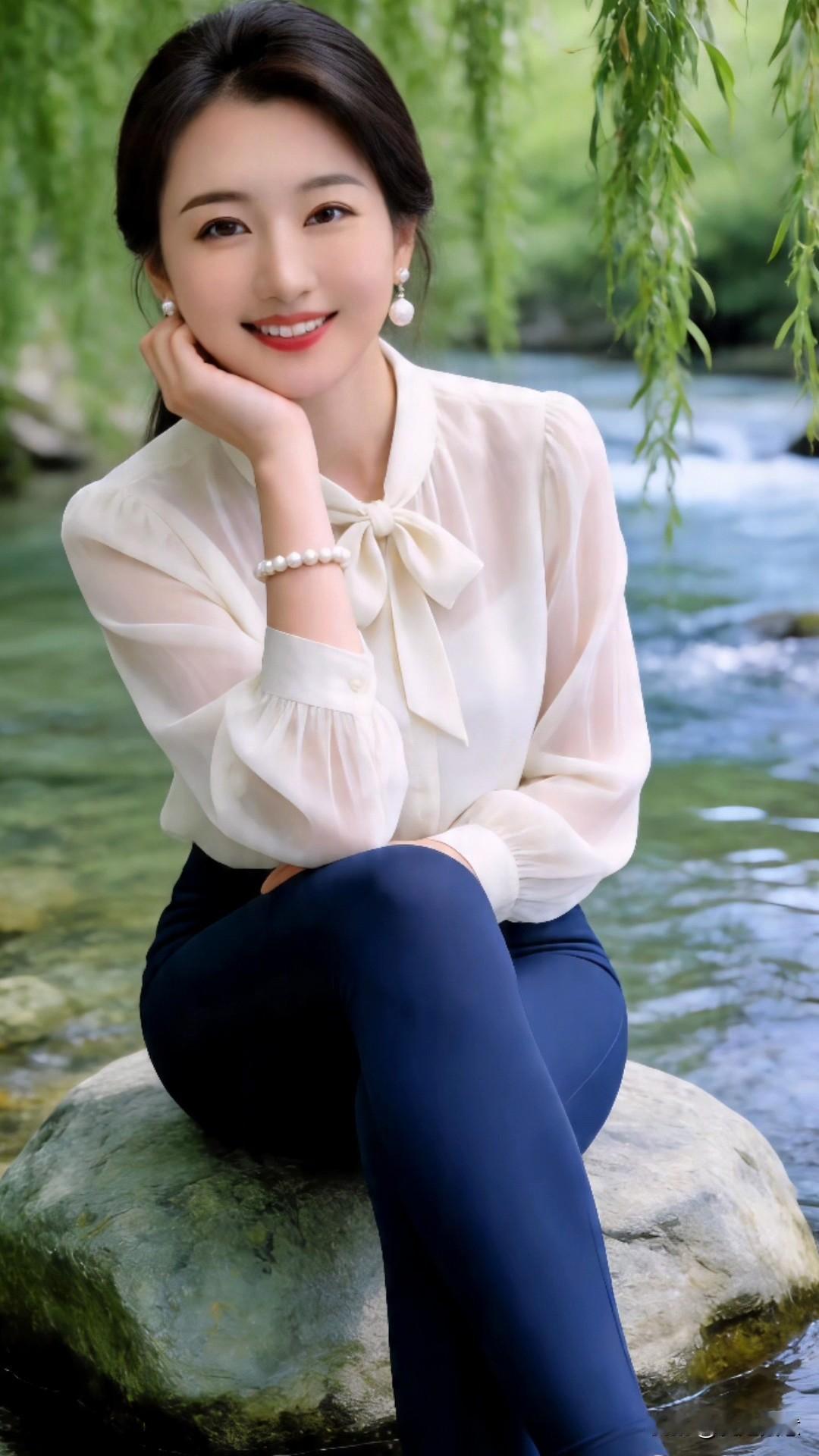 今天给大家分享春日溪边的松弛感穿搭✨
米白蝴蝶结雪纺衬衫，自带温柔光晕，藏青修身