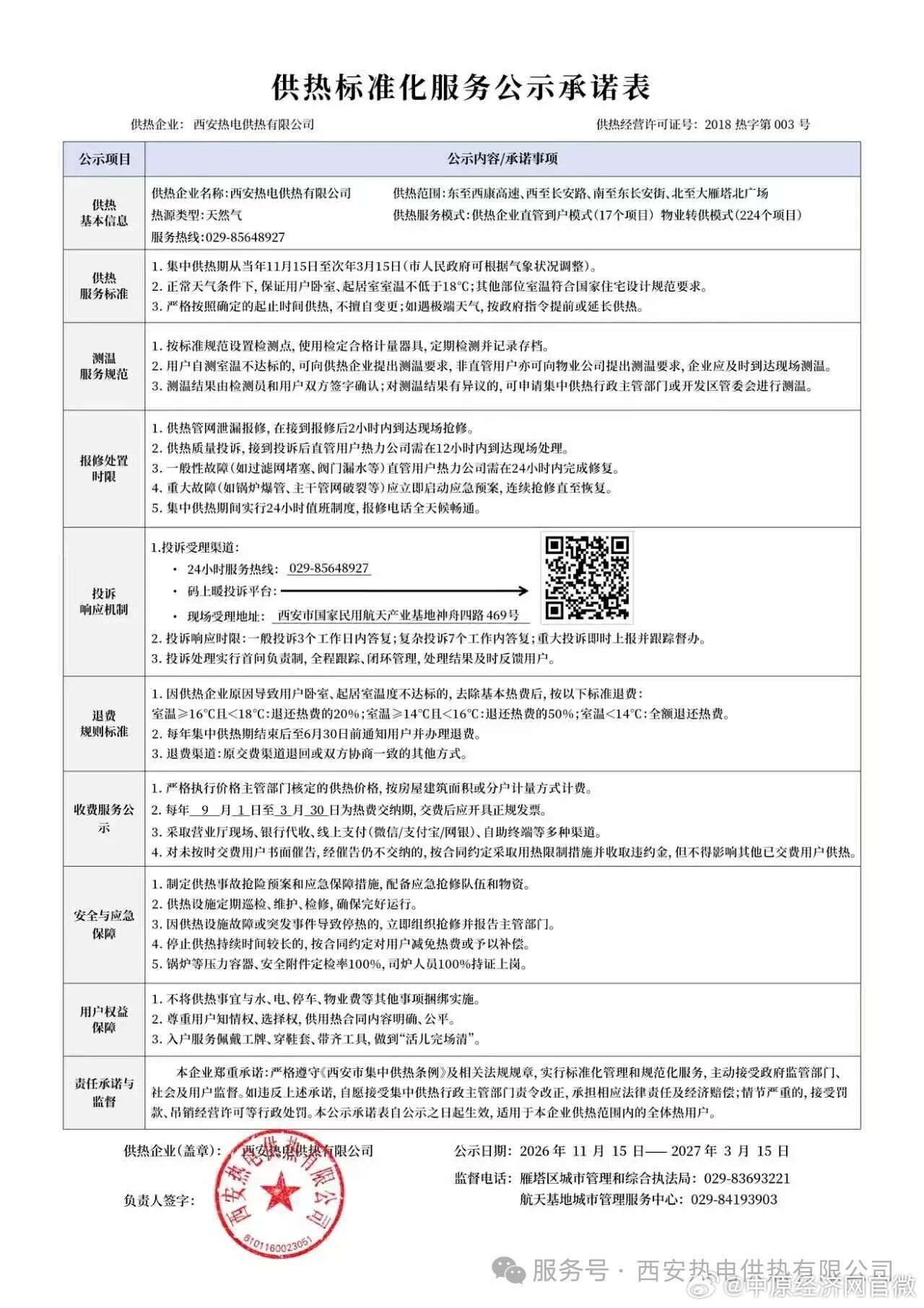 西安热电供热公示分级退费细则【西安室温不达标可按比例退款】10月28日晚间，西安