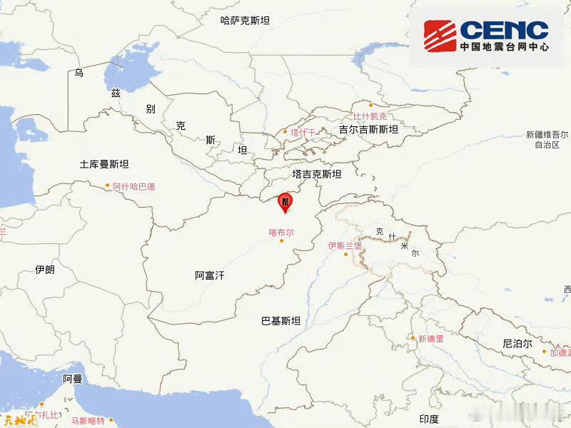 地震快讯中国地震台网正式测定：12月19日13时39分在阿富汗（北纬36.20度