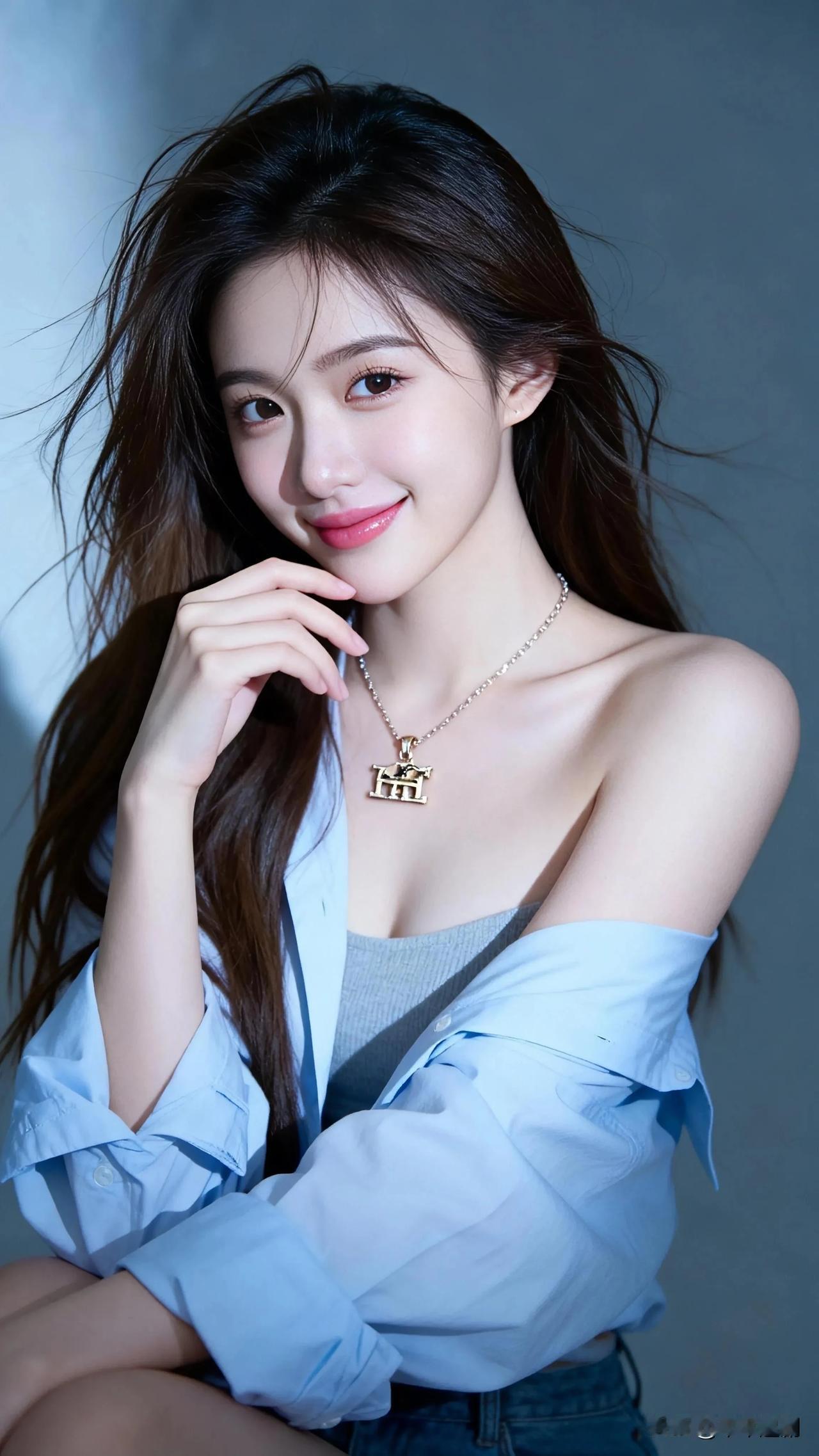 成熟稳重的美女你喜欢吗?
浅蓝衬衫轻落肩头，发丝被风撩起几分随性。
颈间的金链点