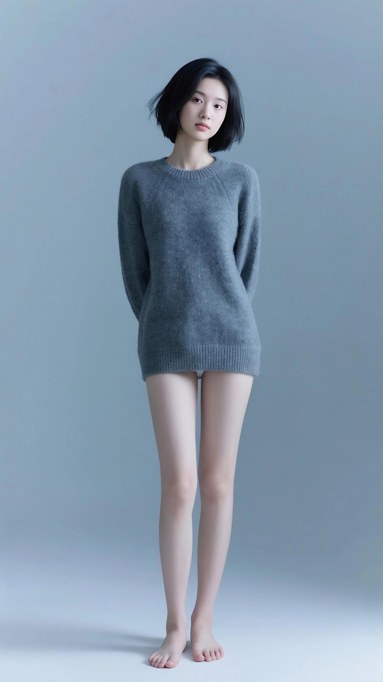 简约风穿搭的魅力，在灰色毛衣配裸腿这一组合上体现得淋漓尽致。灰色毛衣，自带低调高