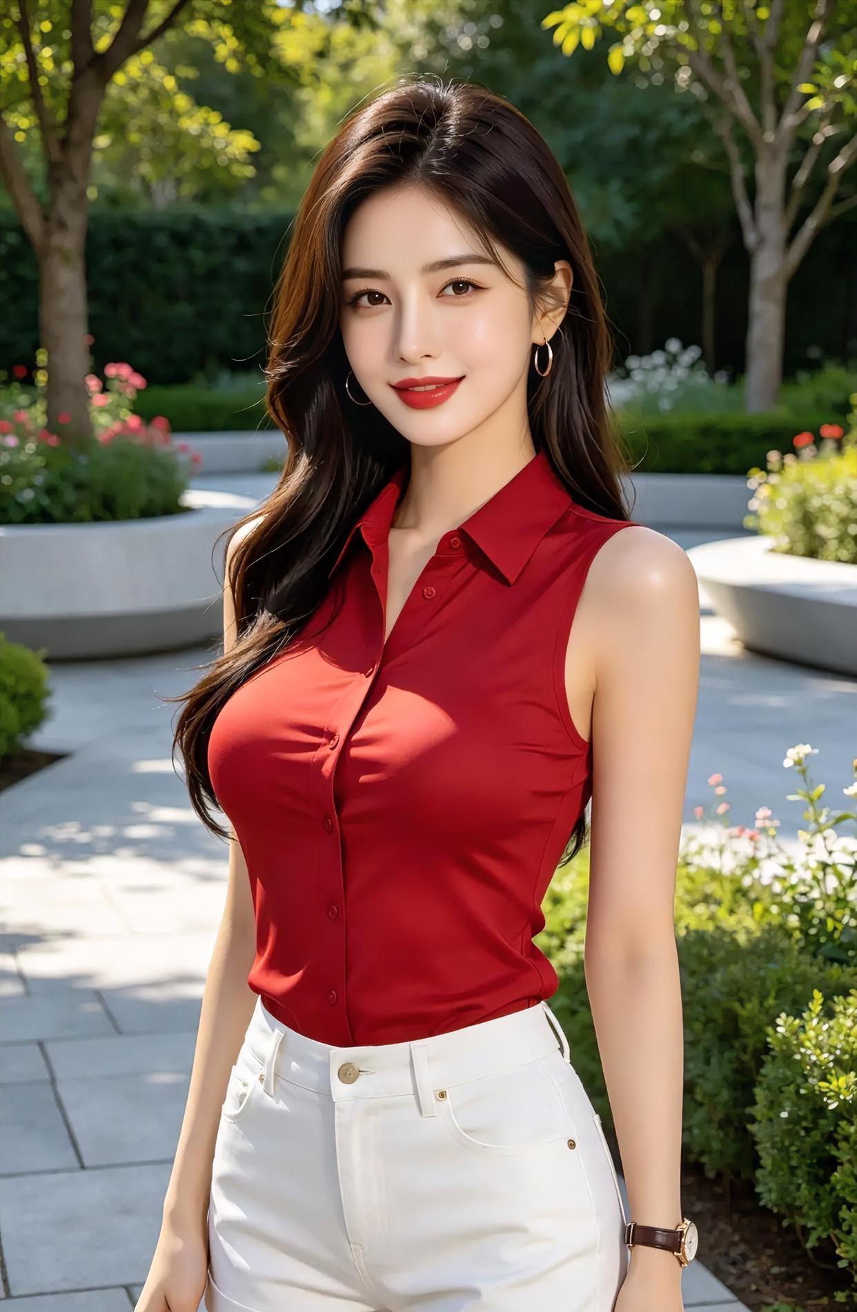 阳光筛过树叶，正巧落在她笑涡里。

红衫明亮，

白裤清爽，

卷发随风轻扬。