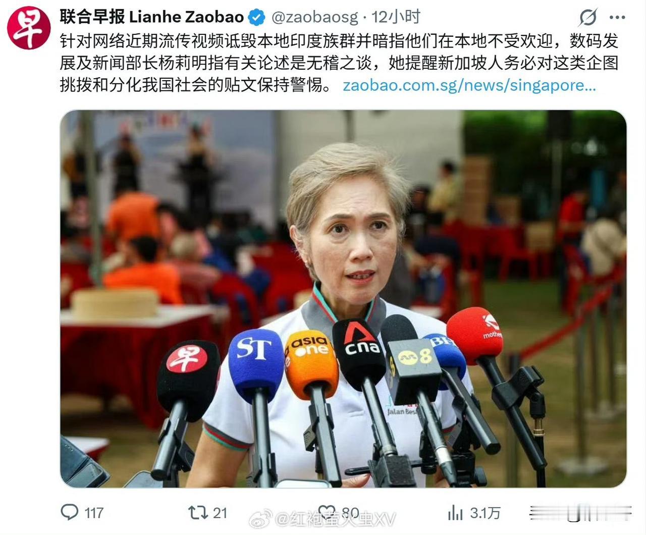 近日，针对网络上关于新加坡印度裔族群的一些讨论，新加坡华裔新闻部长杨莉明声称，“