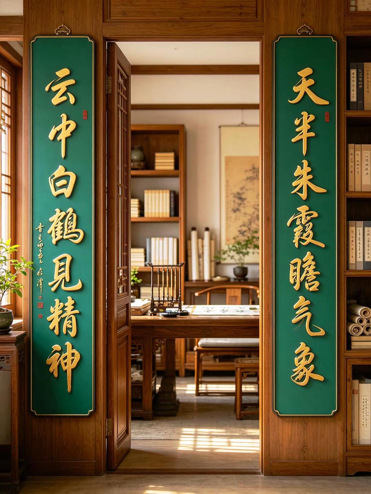维安书法作品展示。AI书房金凸绿底对联场景