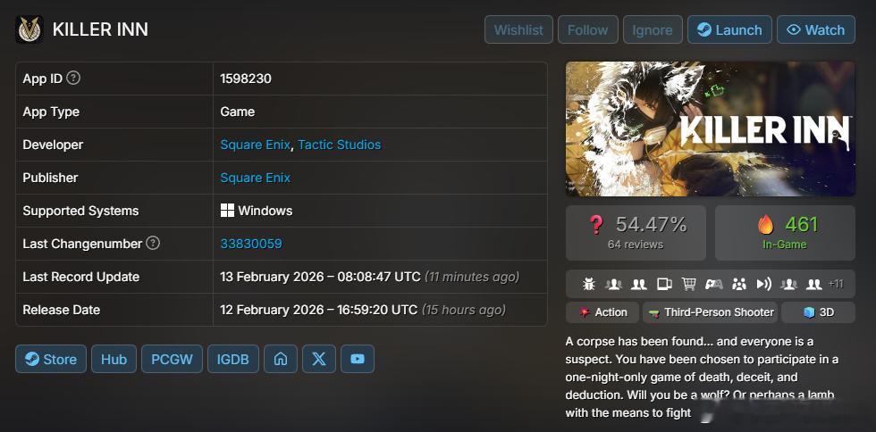 【Square Enix要哭了？《KILLER INN》首日仅800人在线，“8
