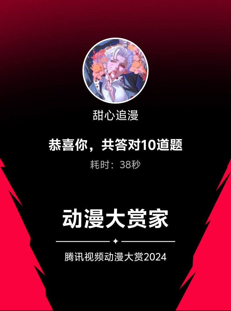#动漫[超话]#我在#动漫大赏2024# 答题测试活动中，获得了【动漫大赏家】称