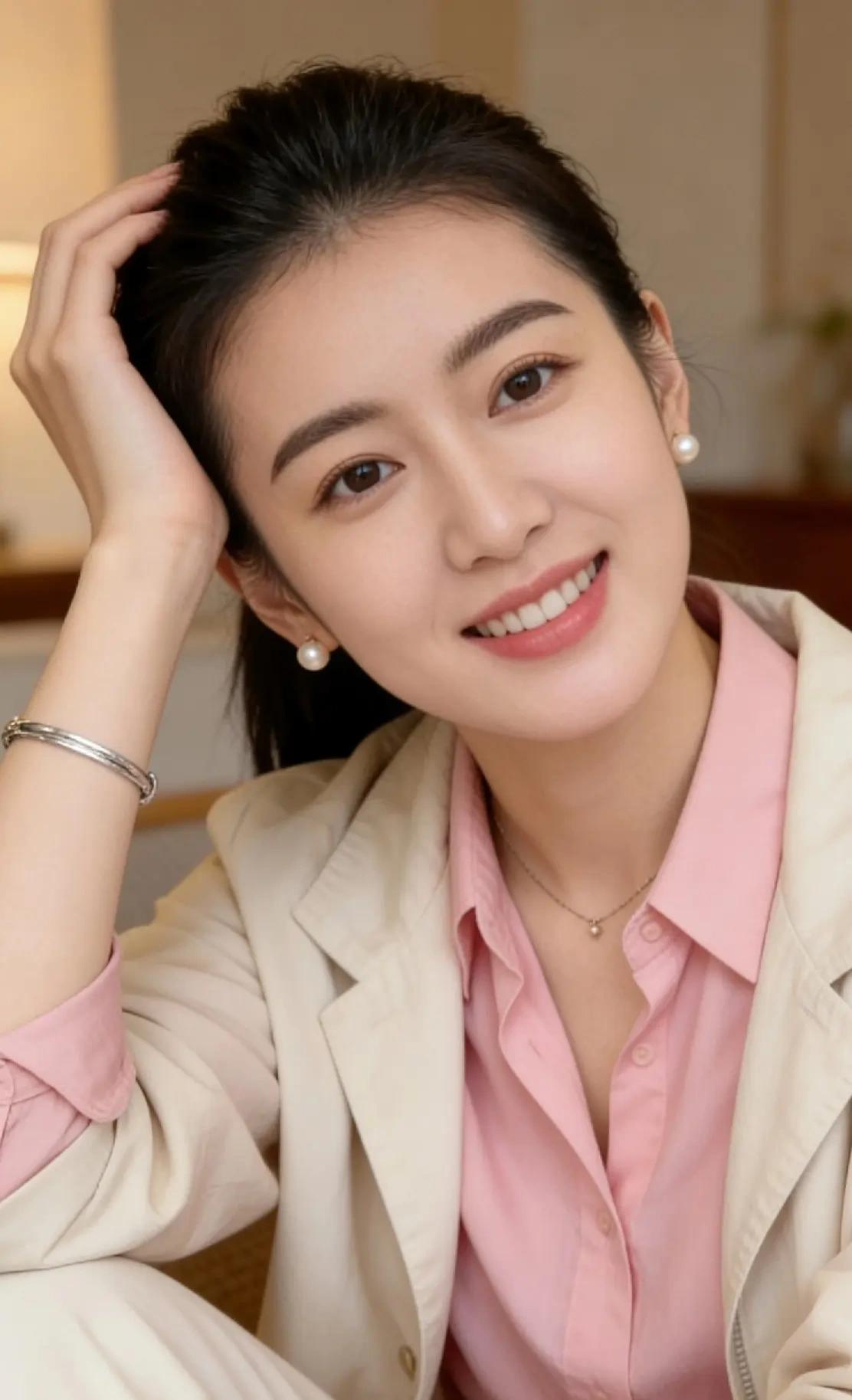 穿搭合身雅致不浮夸，仪态挺拔舒展，妆容干净得体，气质远胜单纯颜值
说话语速平缓、