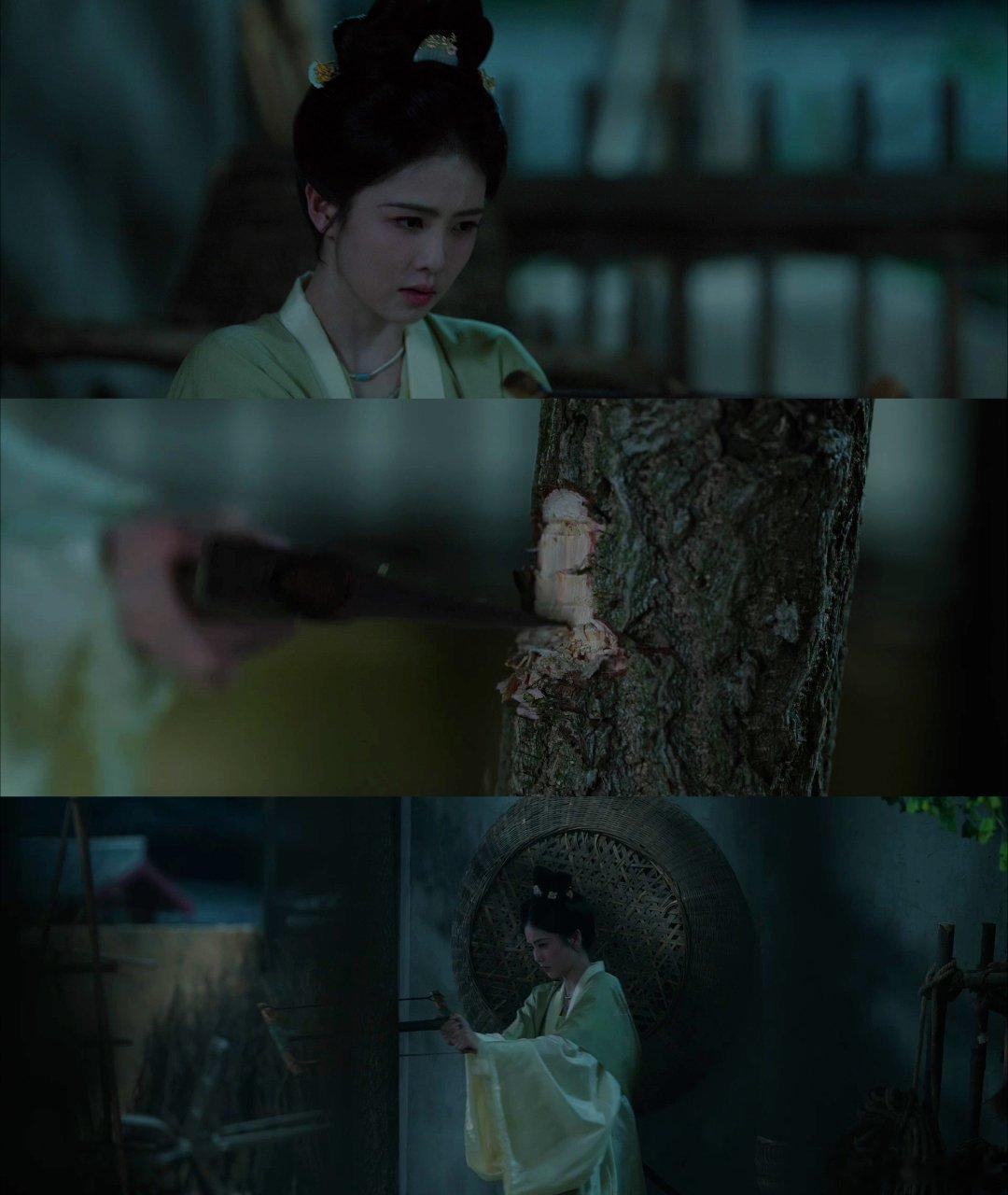 莫离女主半夜砍树被抓包本以为古偶女主都是娇弱挂，结果白鹿拎着锯子偷摸砍树被抓包，