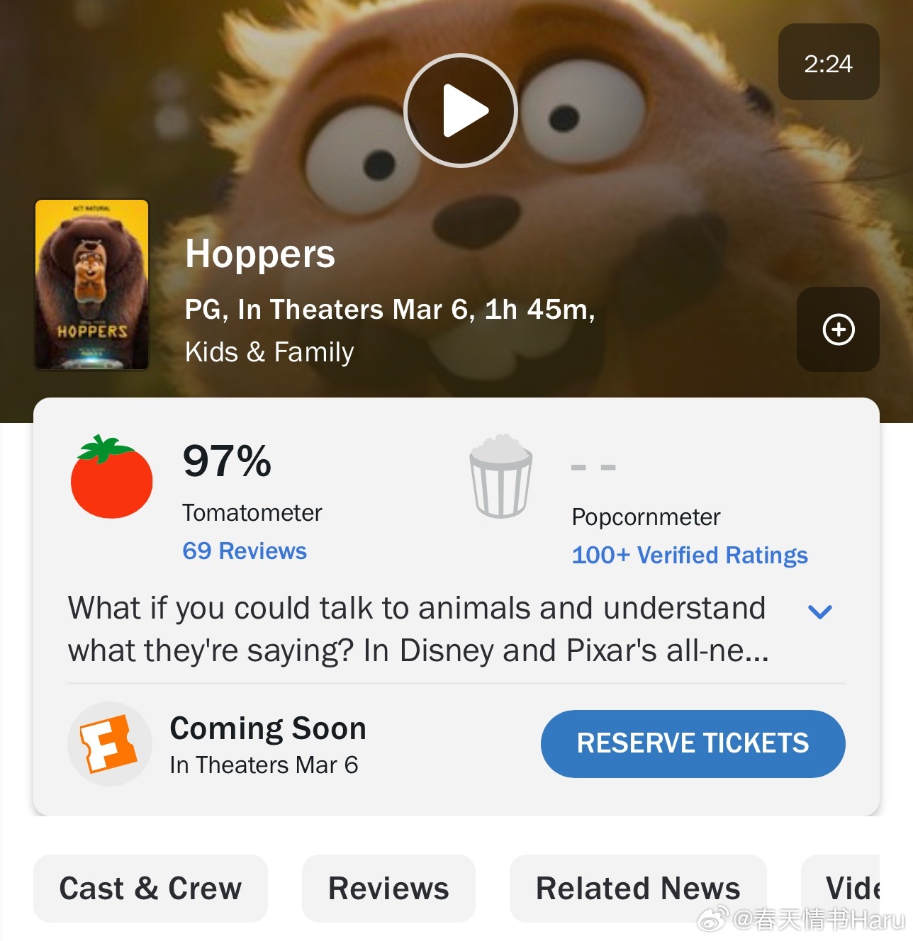 皮克斯新片《河狸变身计划》烂番茄新鲜度开分96%，本片将于3月6日在北美上映，3