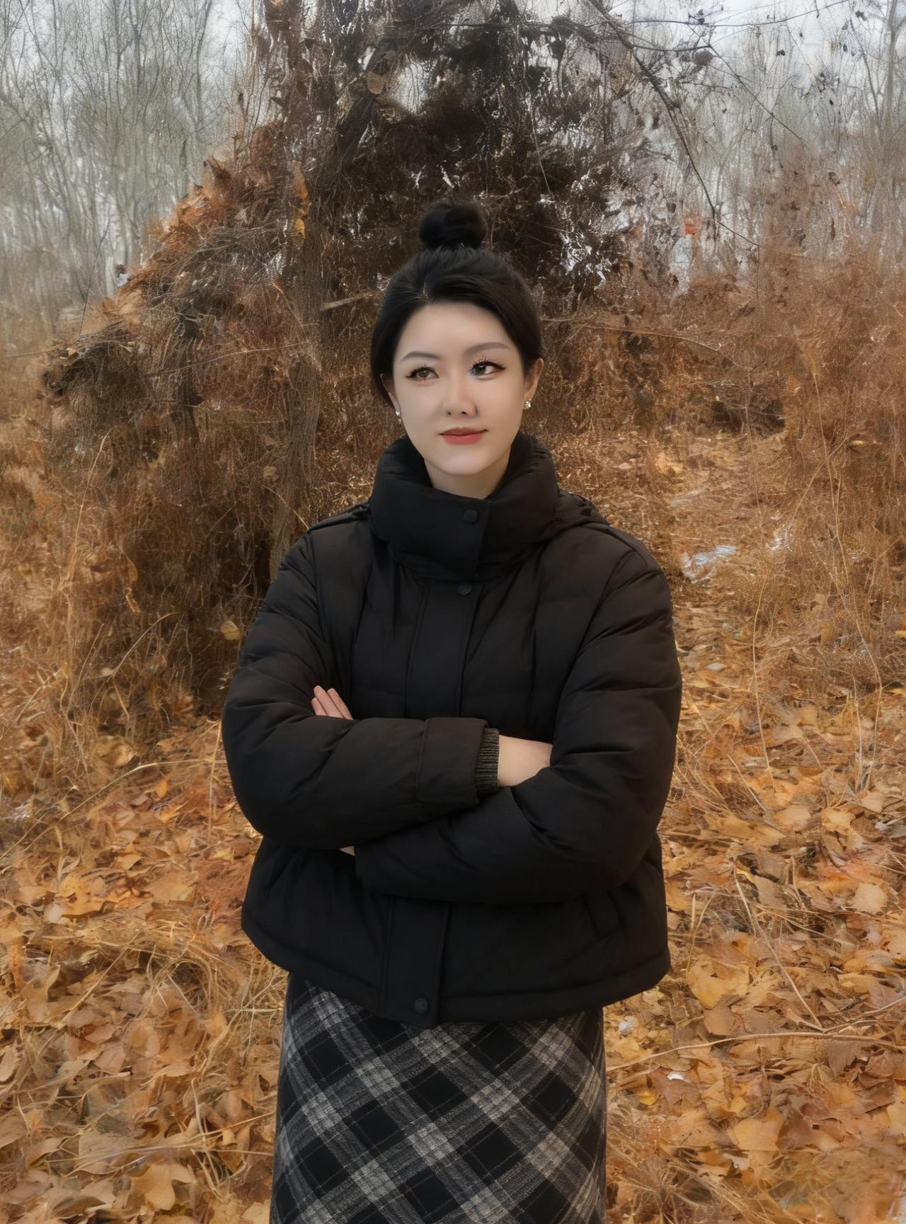 枯叶铺野荒，寒林覆薄霜。
灰衣凝暮色，黑发拂残阳。
风劲枝先折，途穷意未伤。
独