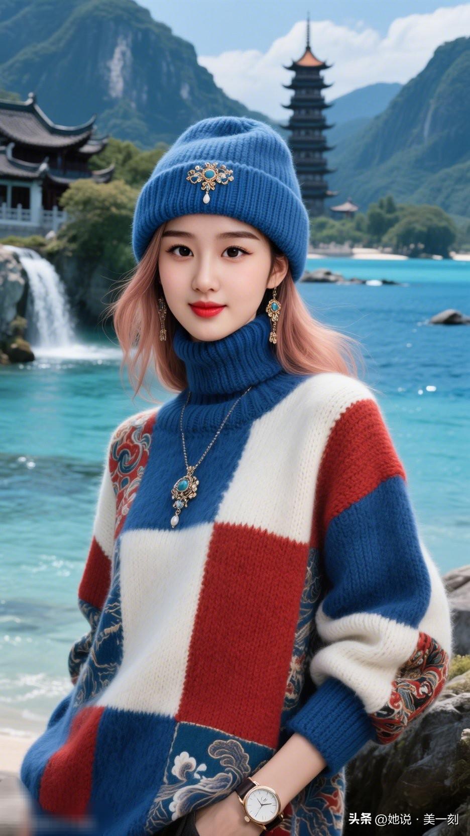 冬日穿搭指南：蓝白红毛衣+粉色贝雷帽，温暖又时尚！🌨️👗👒为什么有的人喜欢