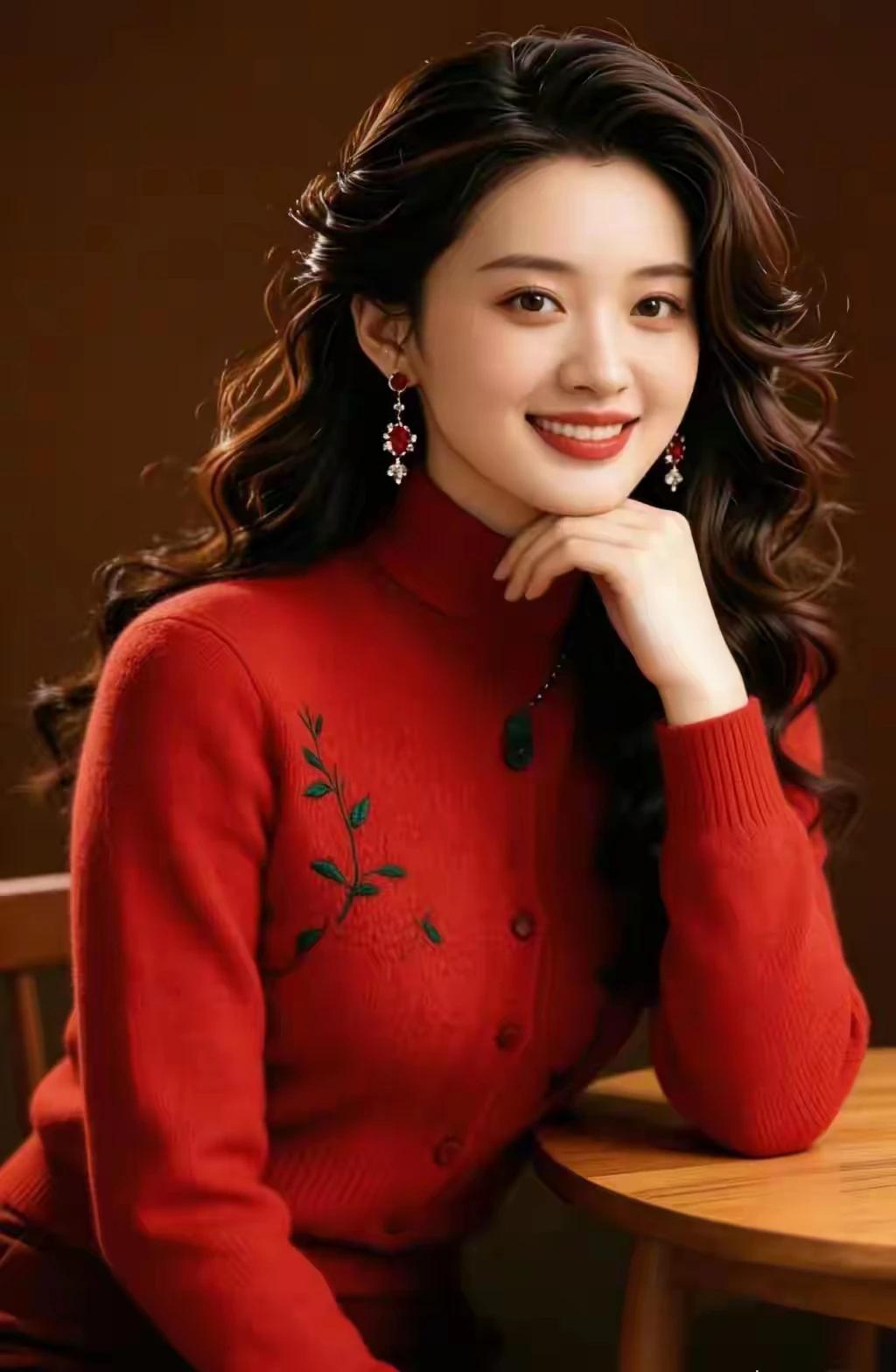 红红火火过大年。
红色毛衣尽开颜。
眉似春山寒远黛，
眸若秋水映繁星。