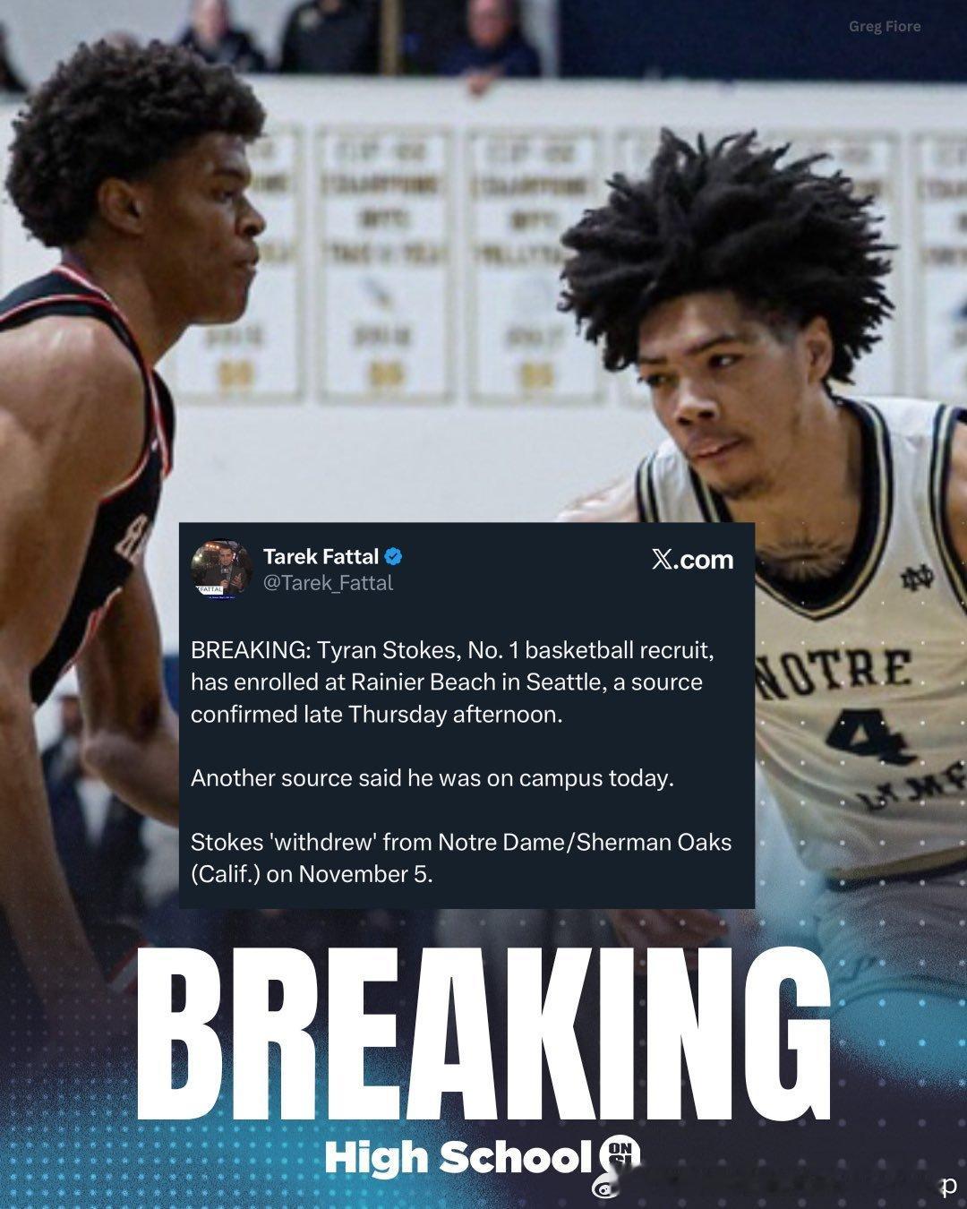 2026届全美头号高中生Tyran Stokes将转校至Rainier Beac