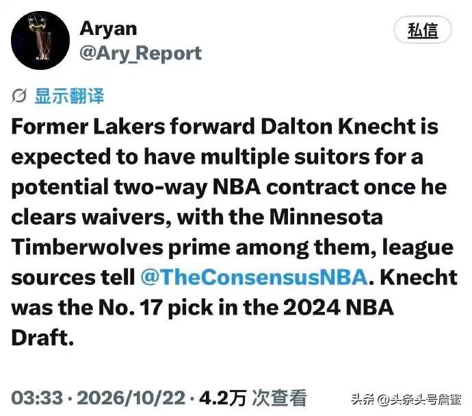 联盟消息透露，前湖人前锋道尔顿・克内克特度过澄清期后，预计会收到多支球队的双向合