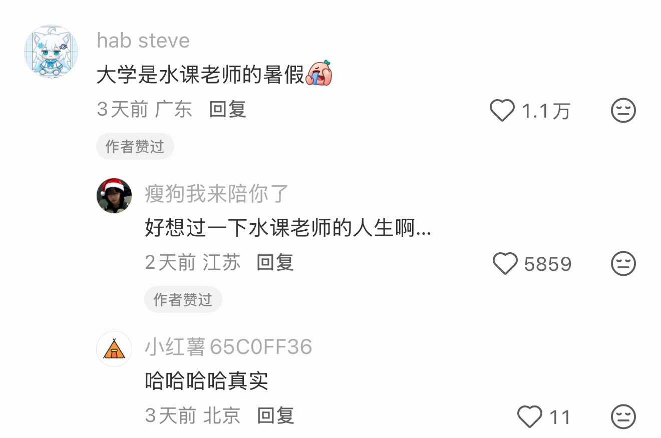 看到说大学不是人生的暑假，大学是水课老师的暑假，好想过水课老师的人生哈哈哈说真的