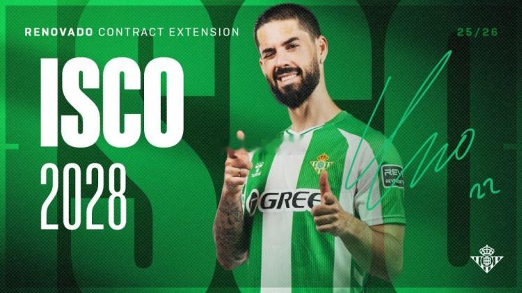 贝蒂斯官方确认，球队与伊斯科完成续约，新合同至2028年6月。伊斯科现年33岁，
