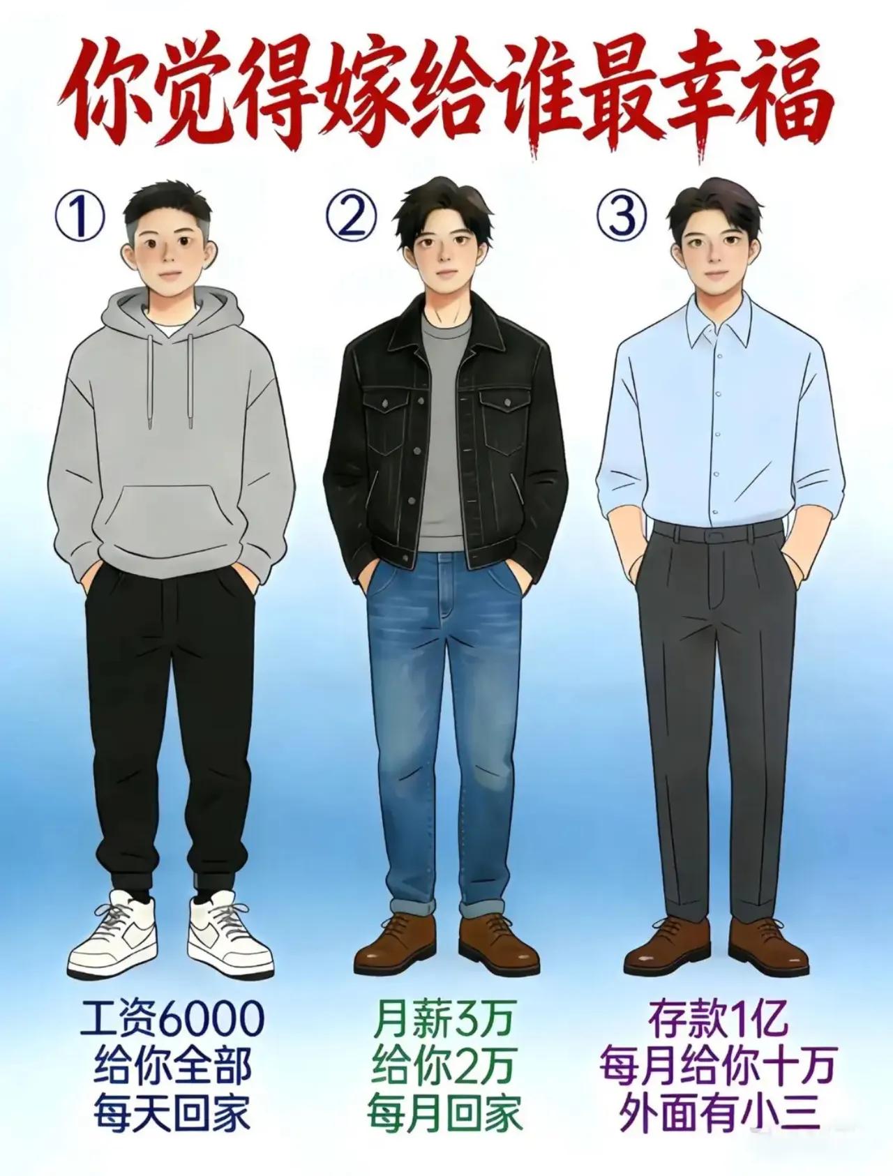 说实话，这三个男人，如果让你选一个做老公，你最想嫁给谁？