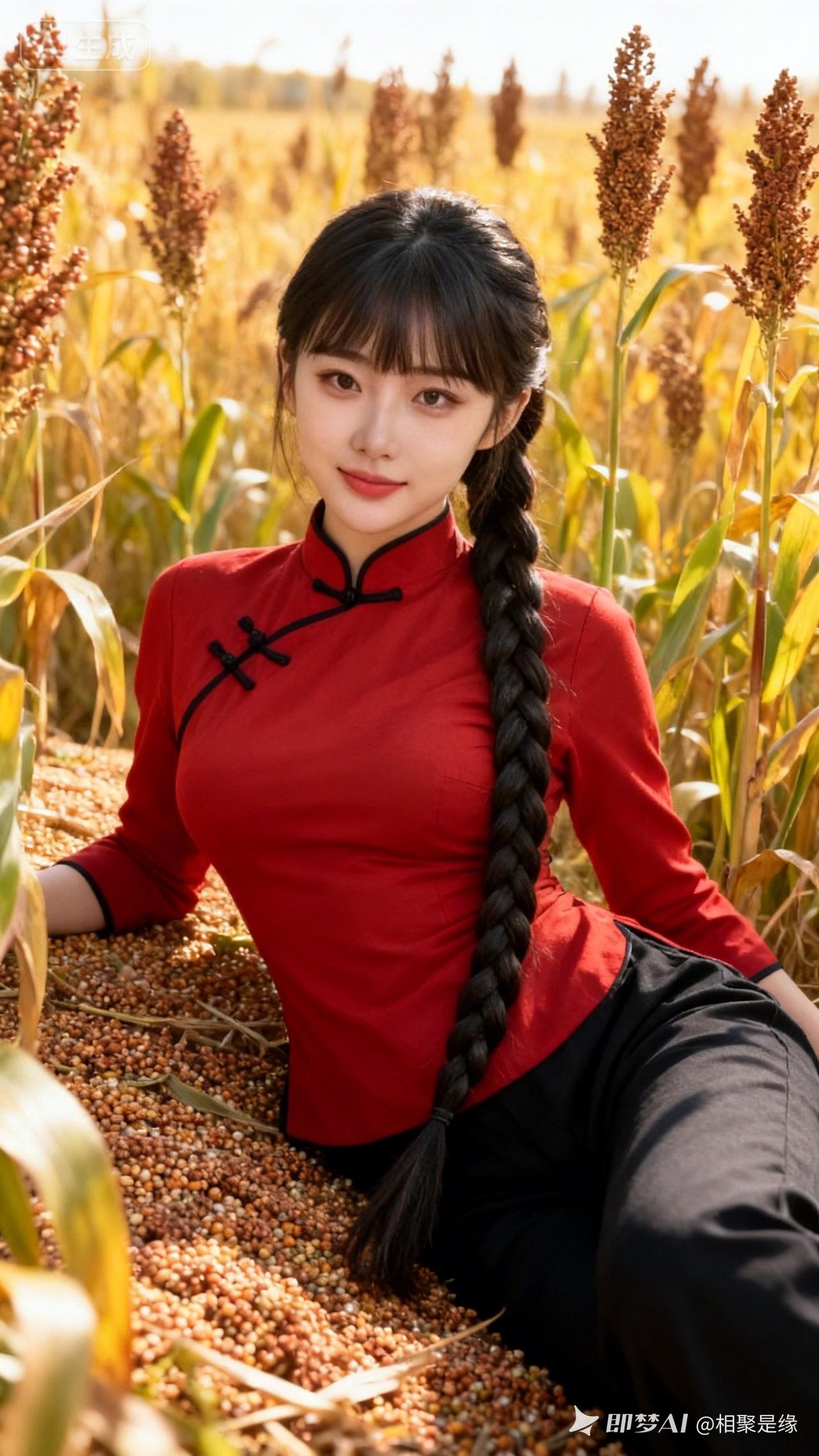 红衣少女在稻田中，阳光下的甜美瞬间