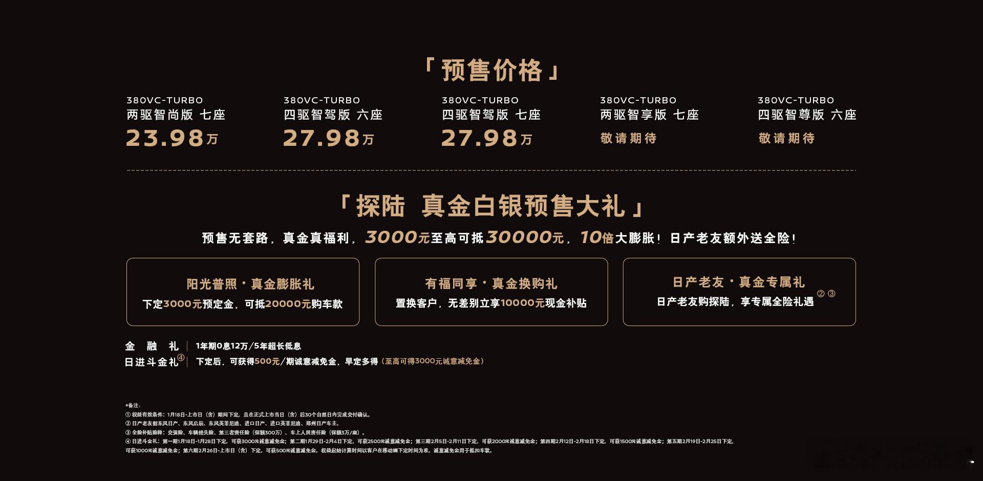 1月18日，东风日产探陆（Pathfinder）开启预售，3款配置预售价区间23