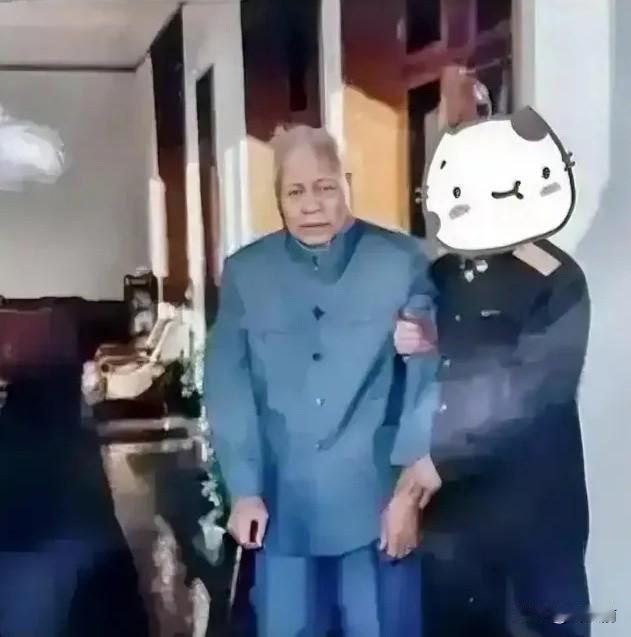 1997年，年近九旬的张宗逊将军身着蓝色中山装，手持拐杖，由工作人员搀扶着。他的