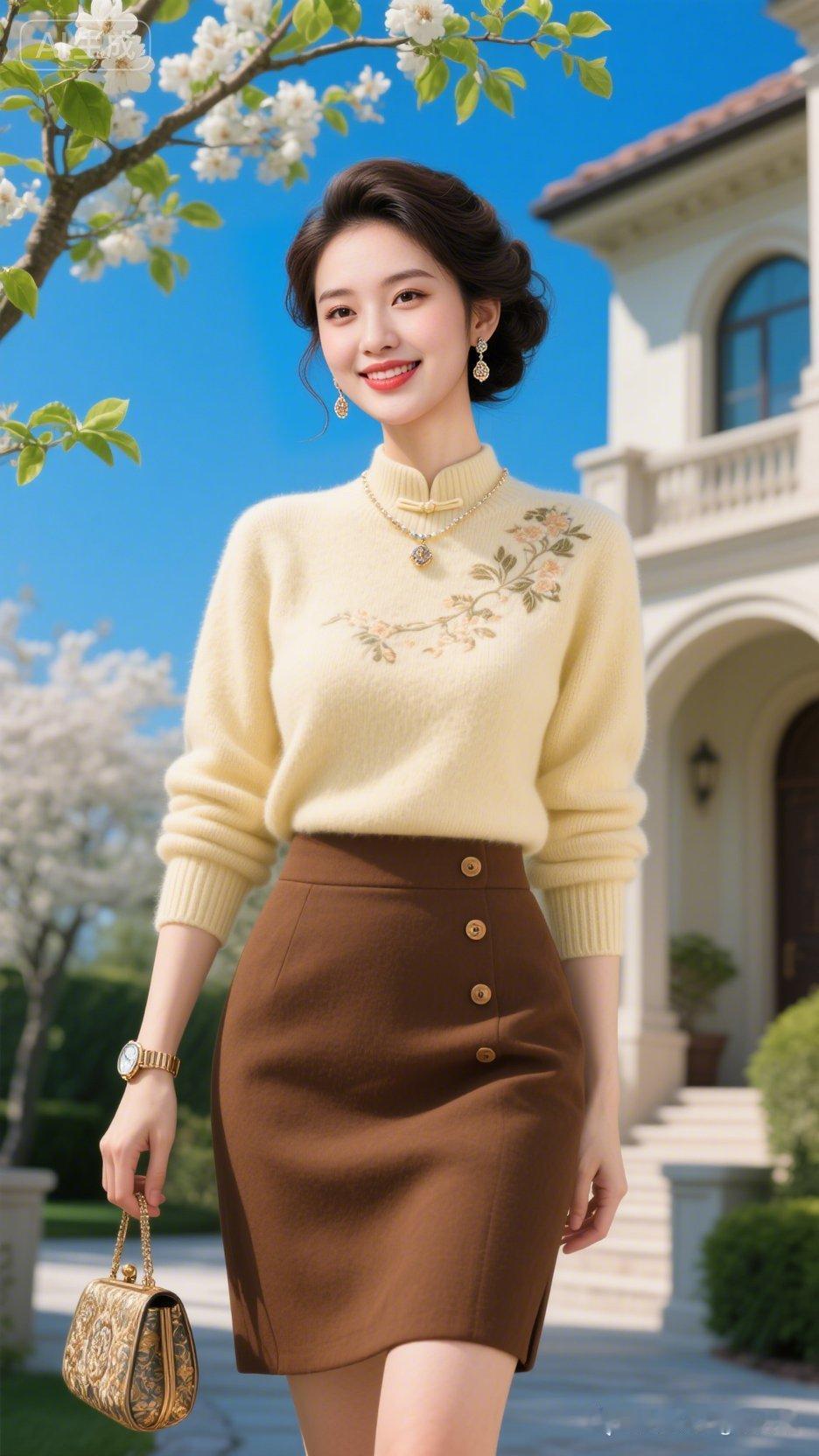 优雅春日穿搭指南：米色毛衣+棕色短裙，清新自然，尽显女性魅力！