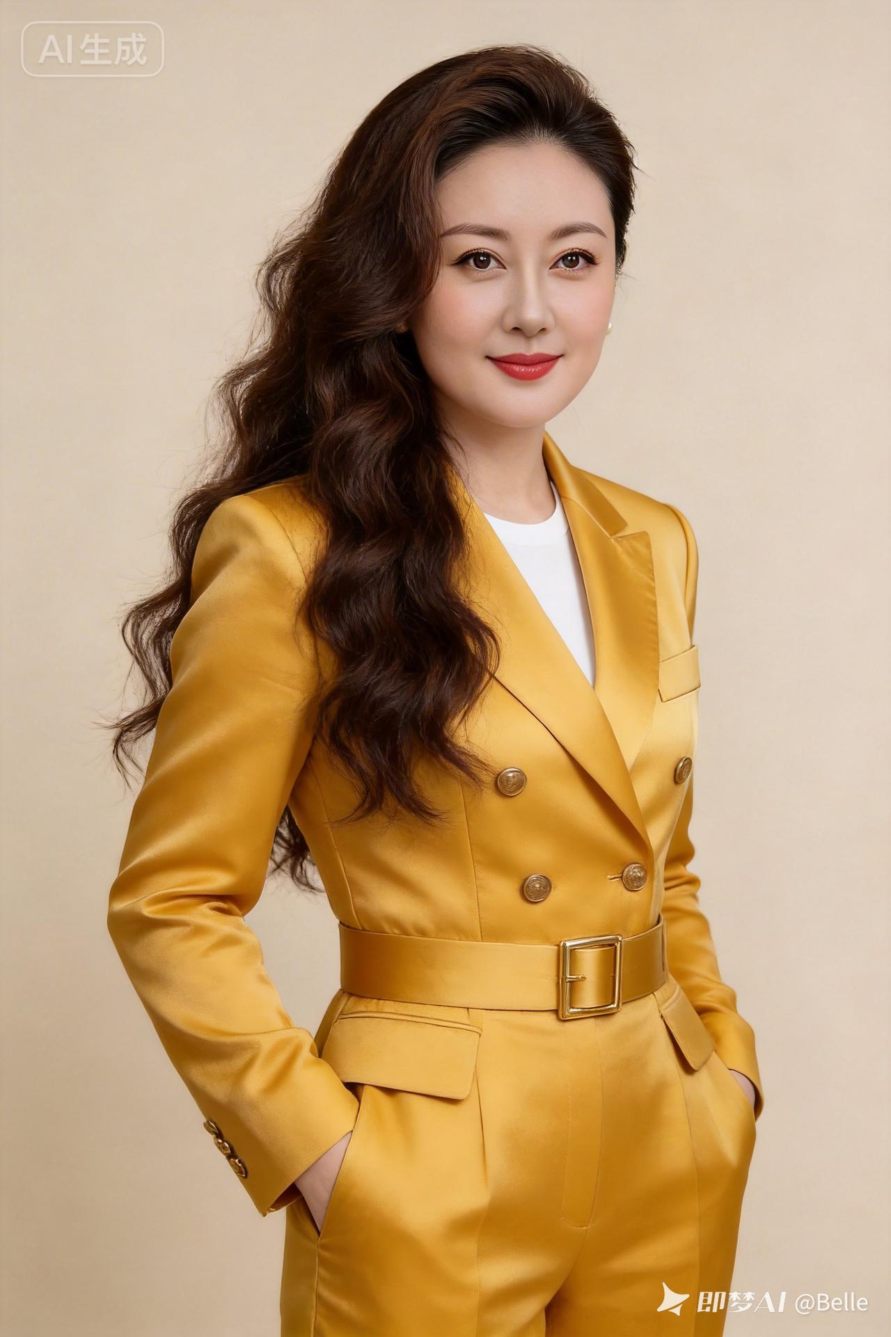 一个穿黄色西装的漂亮女士。