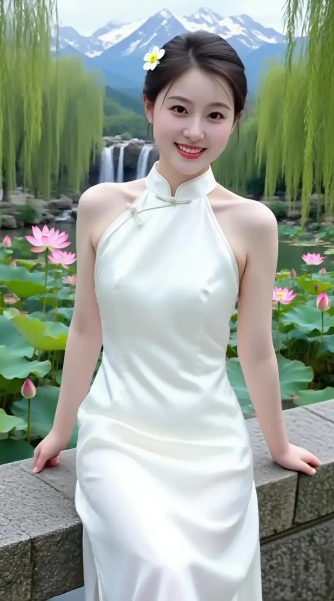 她站在荷花池边，笑容甜美。