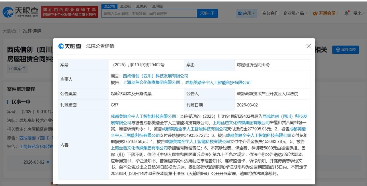 丝芭传媒被索赔136万
丝芭涉房屋租赁合同纠纷案4月开庭 丝芭传媒涉房屋租赁合同