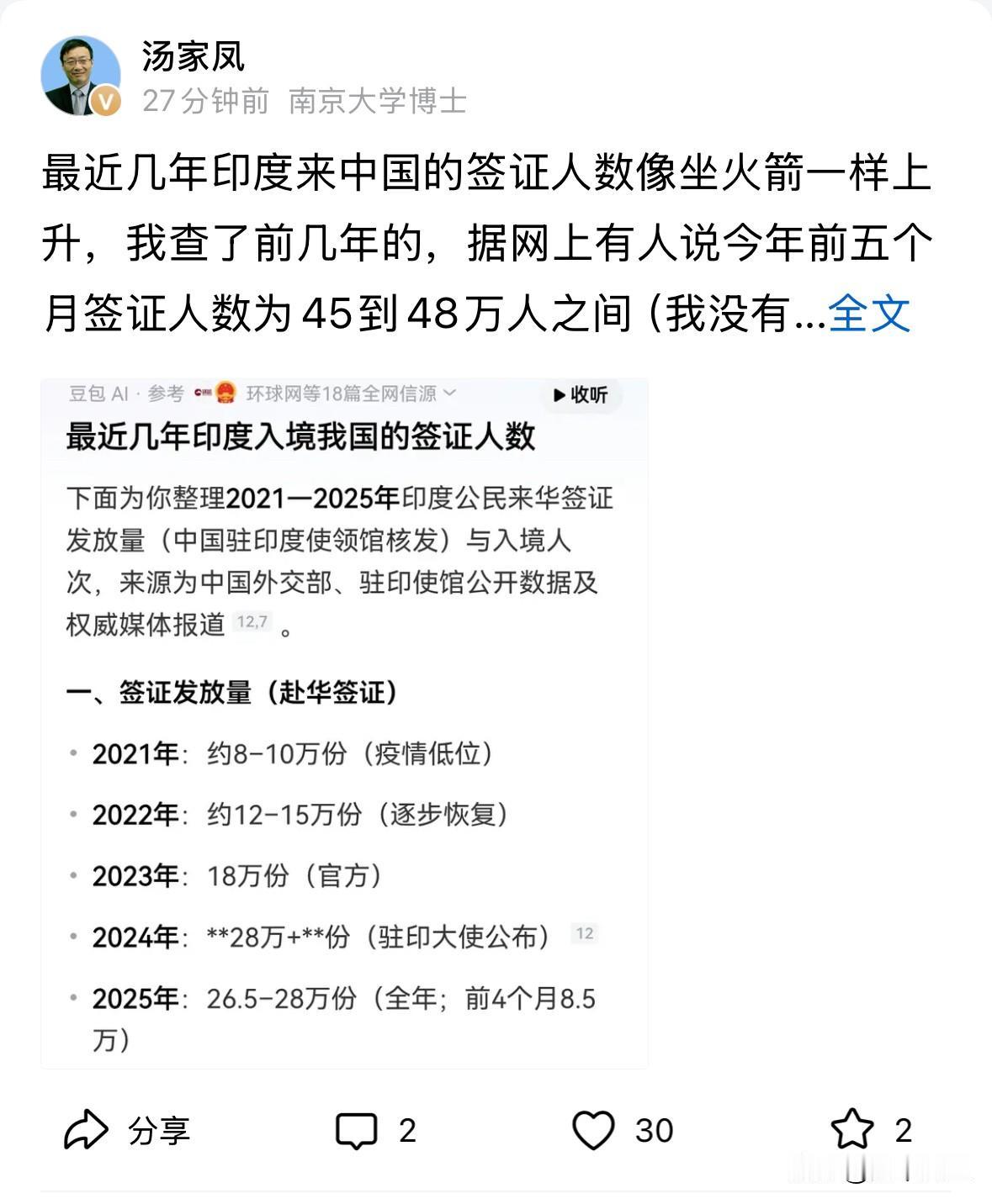 汤家凤教授说印度最近几年来中国的签证人数像火箭一样上升，其实最近这样的话题不管是
