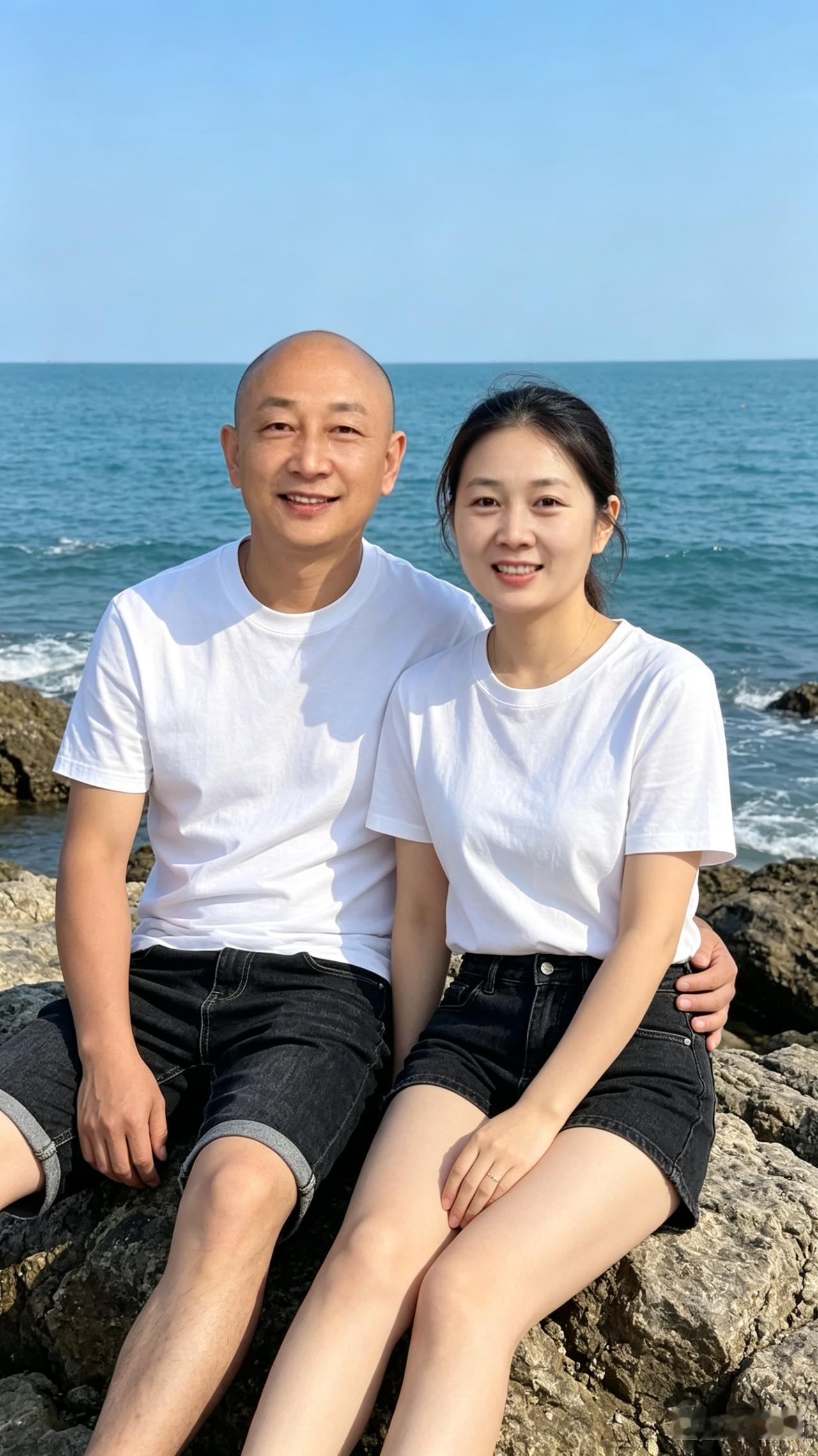 海边礁石两人偎，
男女相携情相偎。
白衣黑裤恋人意，
笑靥甜甜满心醉。
浪花阵阵