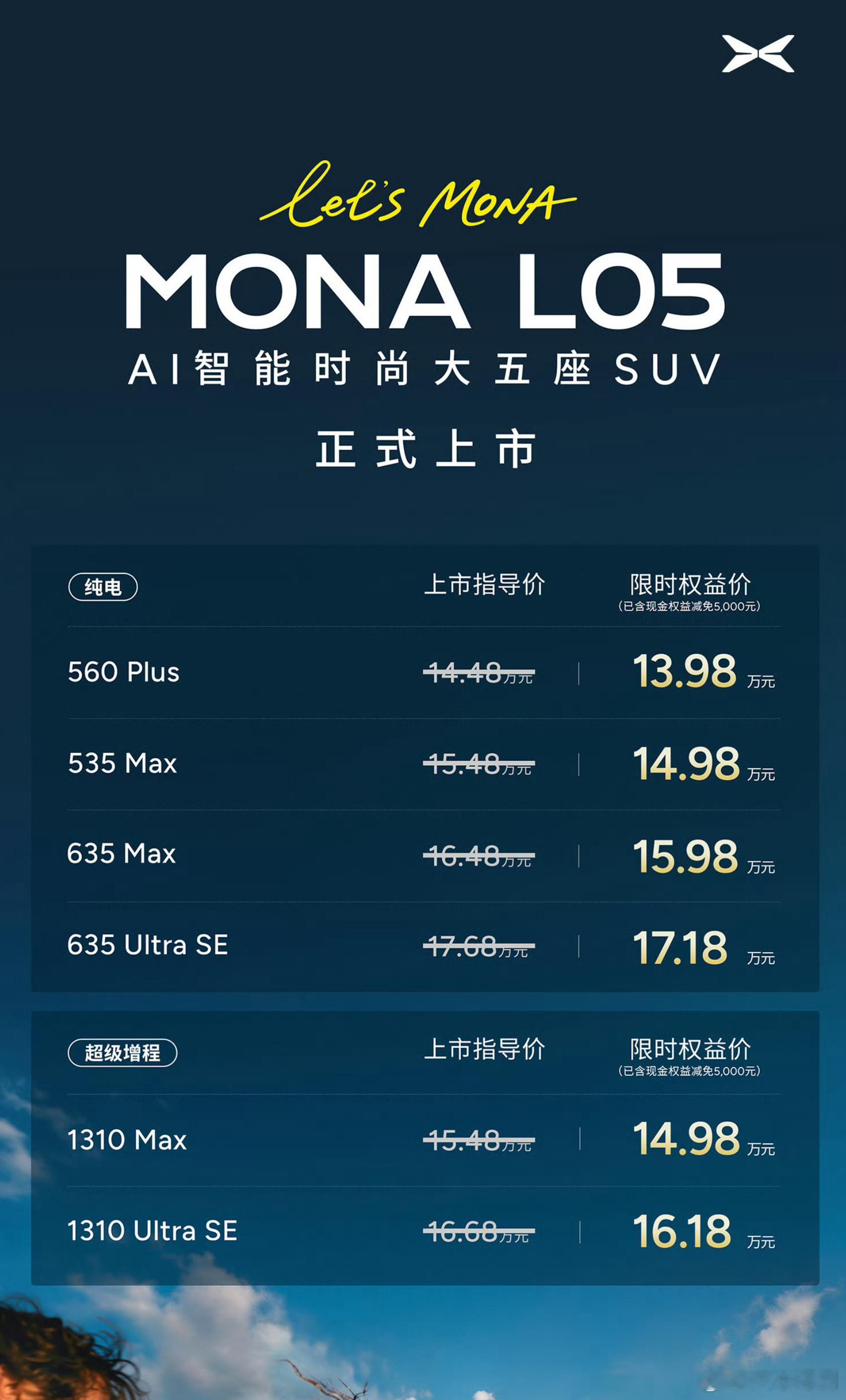 小鹏MONA L05上市价：纯电560 Plus 13.98W元535 Max 