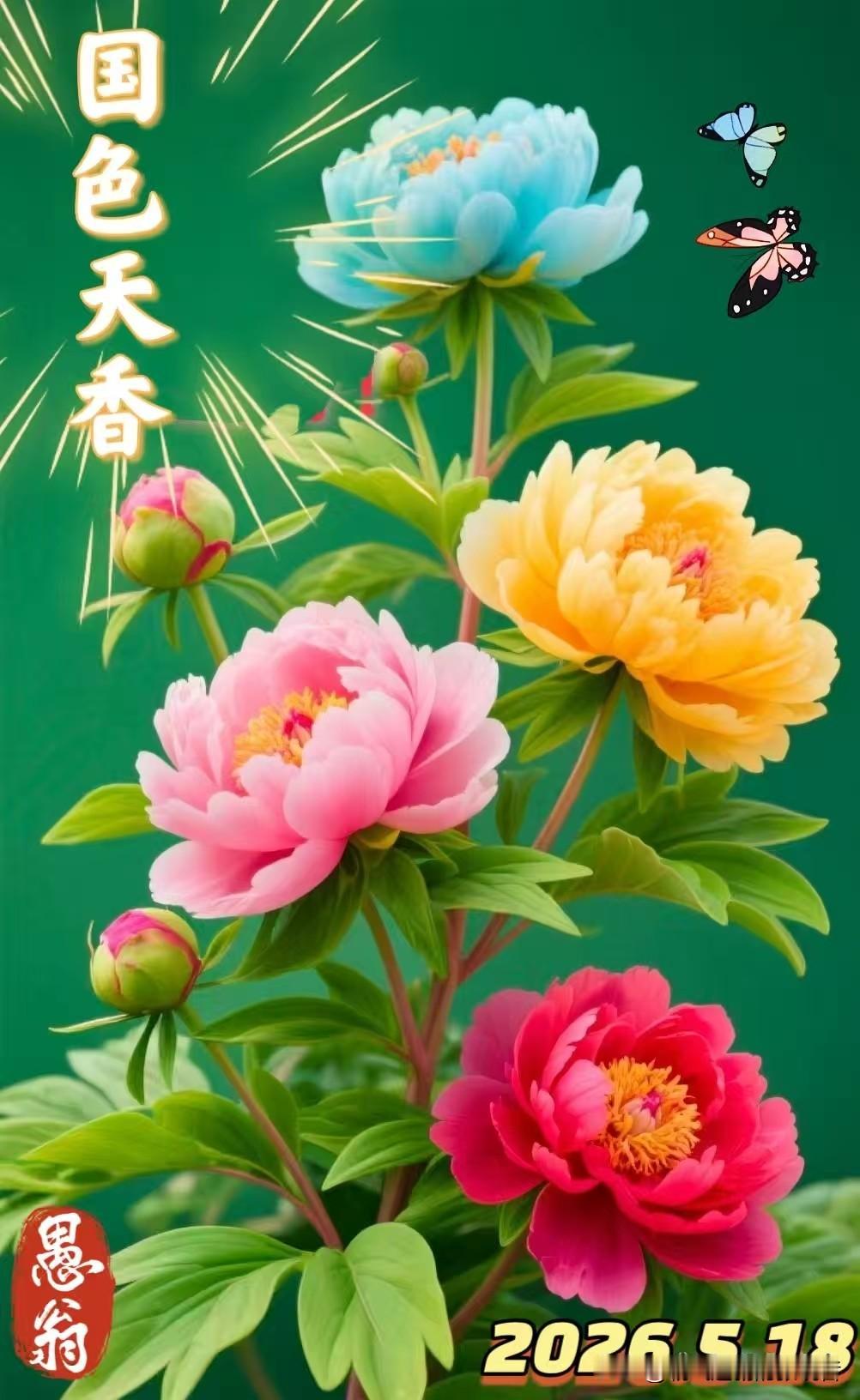 《七绝.牡丹》(图美情真)
 
翠拥芳丛绽四颜，
天香国色自嫣然。
彩蝶也恋时光