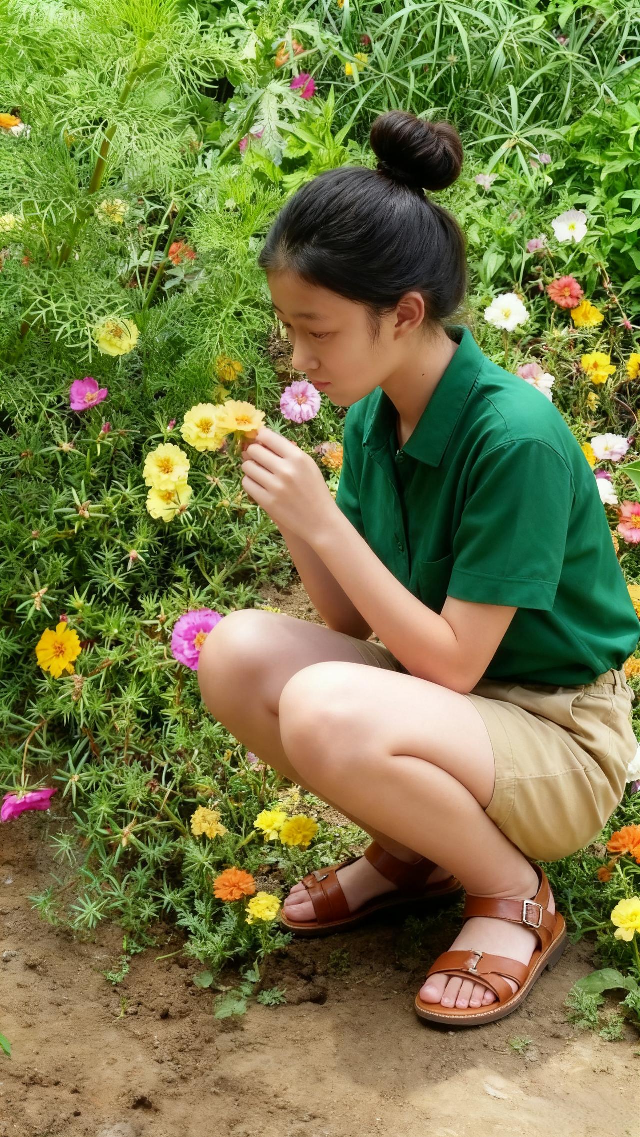 绿衫轻衬鬓云柔，金蕊斜簪玉搔头。
蹲向芳丛香满袖，春风偷解几分愁。