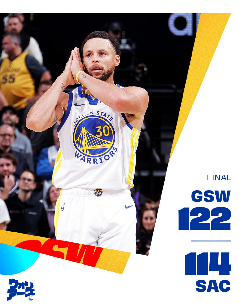 #勇士战胜国王##库里41分# 全场比分：勇士122-114击败国王库里41分4