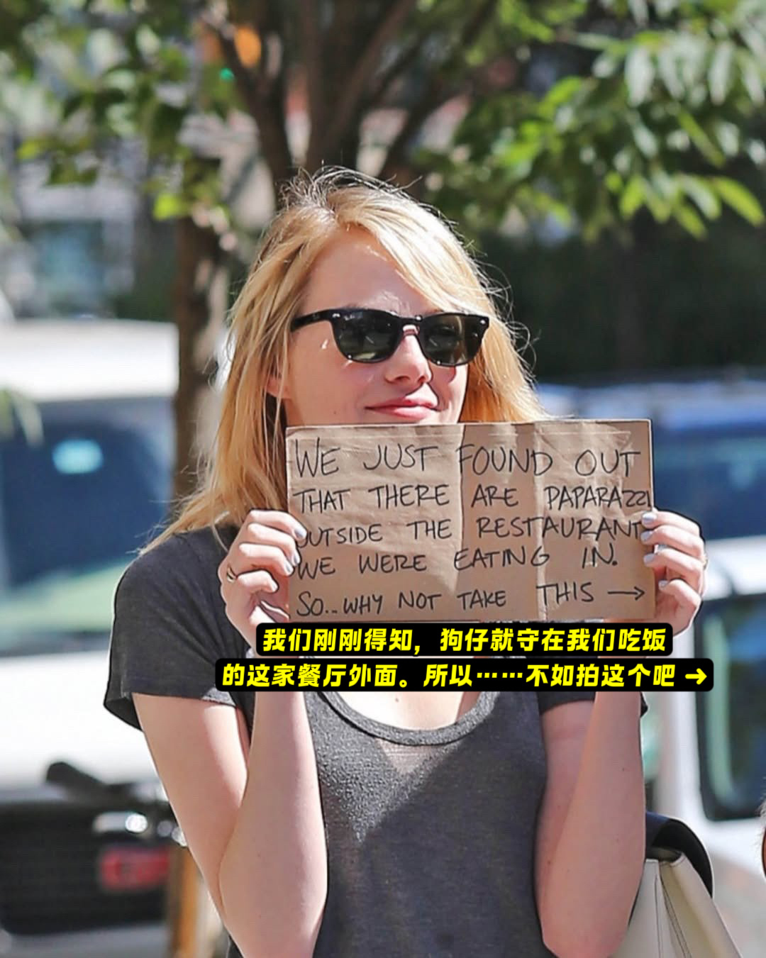 好莱坞教科书级应对狗仔名场面2012年石头姐和加菲外出就餐被狗仔围堵，面对镜头没