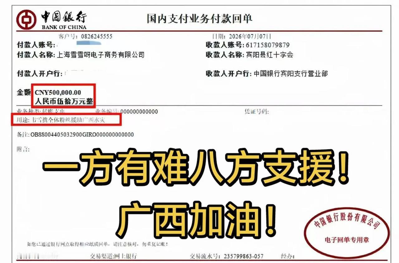 洪水肆虐牵动人心，韦雪捐赠50万专项善款，为广西受灾群众送去温暖与希望！广西加油