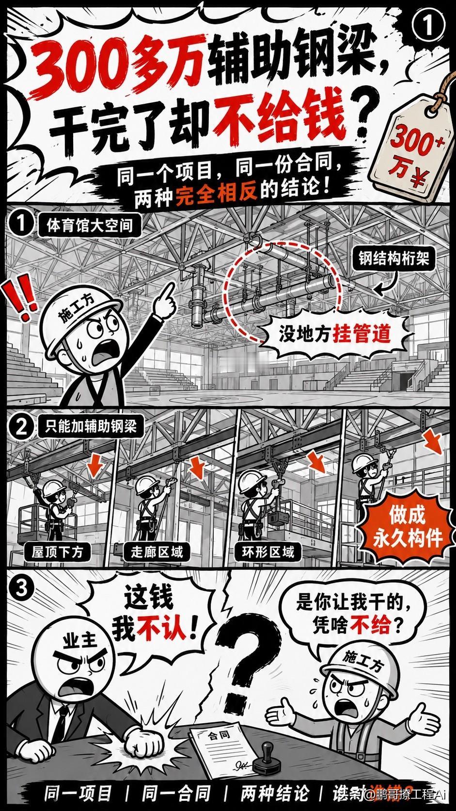 体育馆300多万的辅助钢梁，干完了，发包人说：这钱我不认。承包人说：这是你让我干