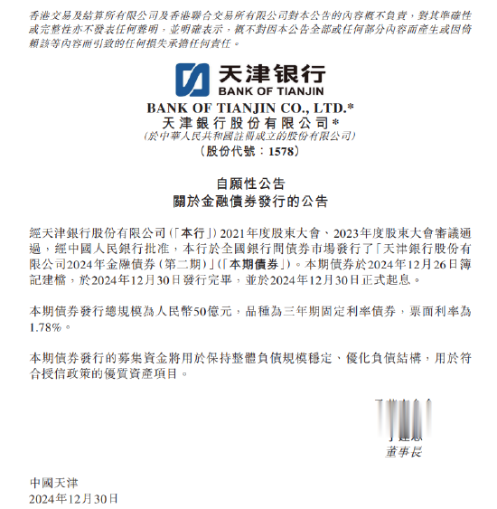 天津银行: 2024年金融债券(第二期)发行完毕