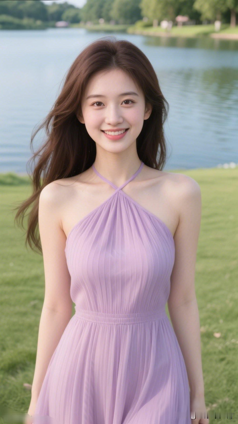 夏日清新穿搭，紫色吊带裙，湖畔漫步，元气满满！🌞👗💃少女感穿搭的精髓是什么