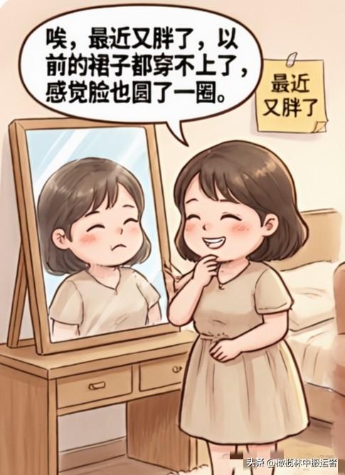 笑点漫画:老婆一边照镜子一边叹气：“唉，最近又胖了，以前的裙子都穿不上了，感觉脸