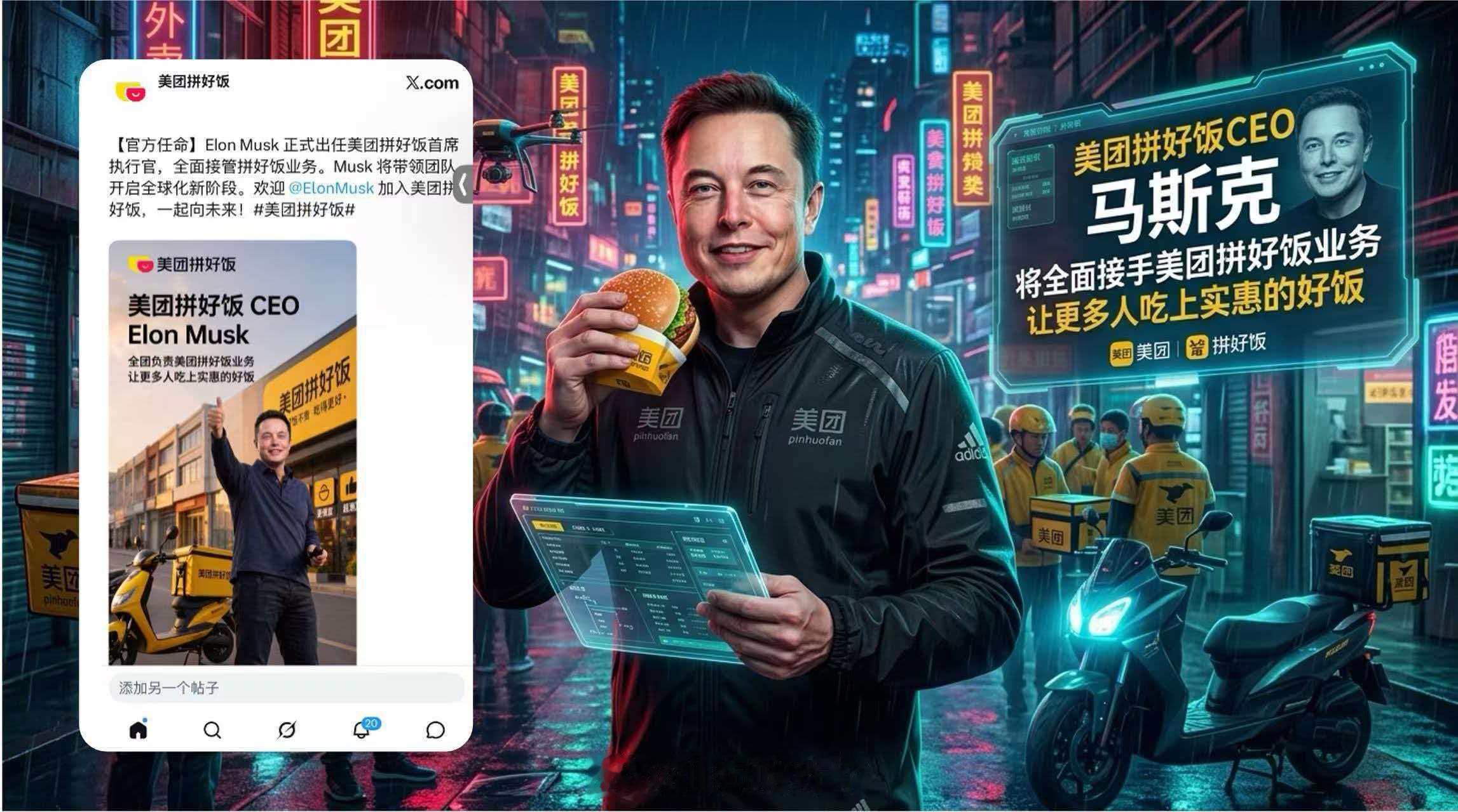 马斯克加入拼好饭谣言系AI生成一则脑洞大开的谣言，背后是AI生成的虚假内容。跨界