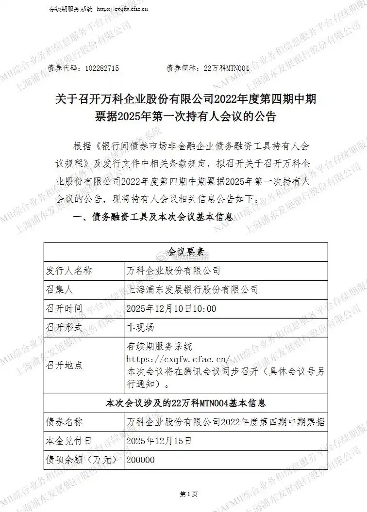彭博：万科12月15日到期的20亿元境内债券持有人在周三上午10:00在线召开会