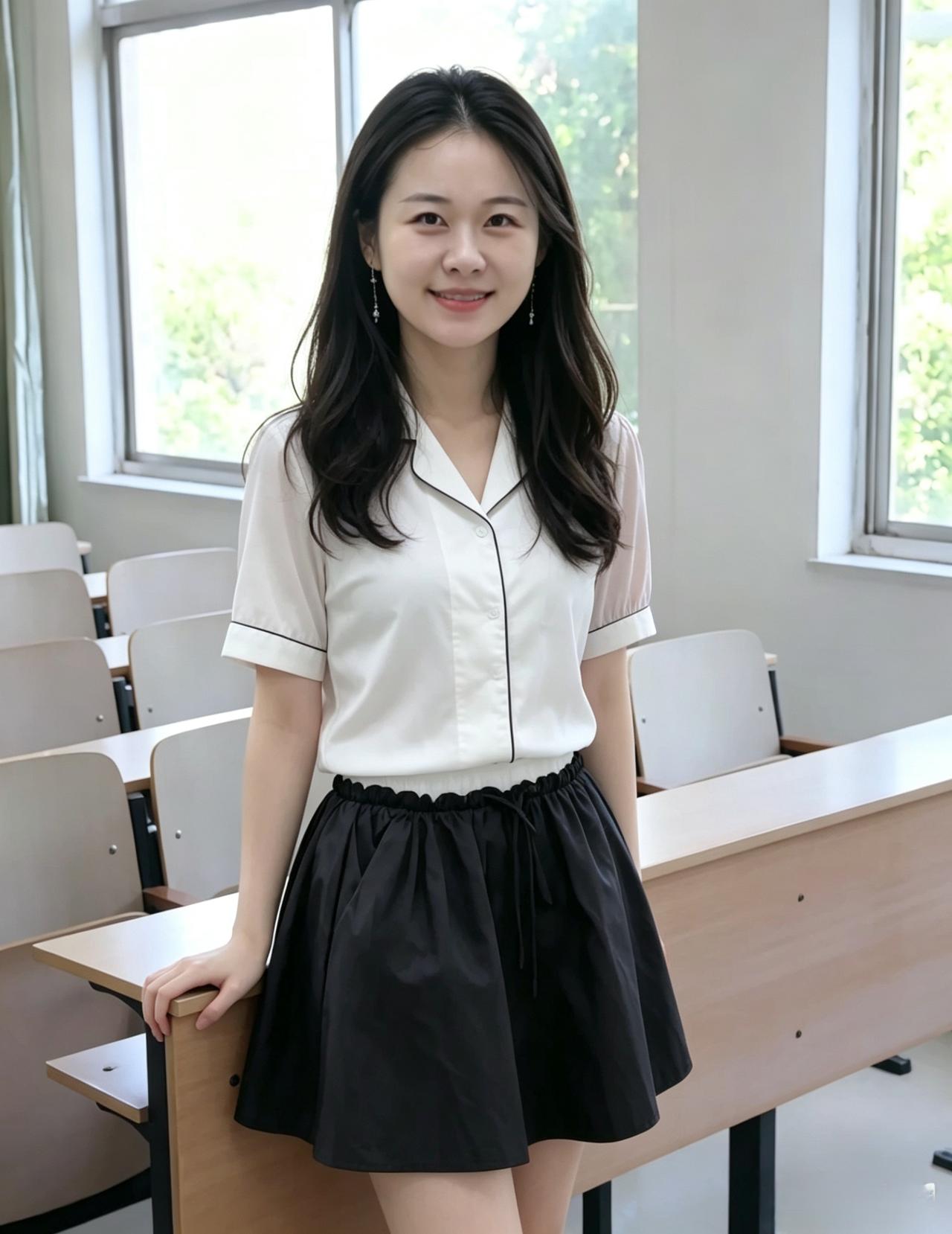 黑板前，教室旁
你站成一缕安静的晴朗
白衣翻折着干净的边角
裙摆轻晃，摇落满室明