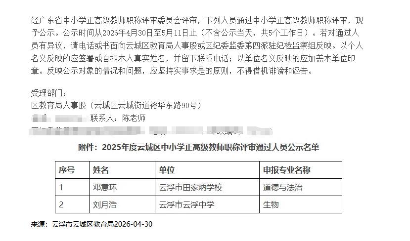 云城区关于2025年度中小学正高级教师职称评审通过人员名单公示！共2名优秀教师顺