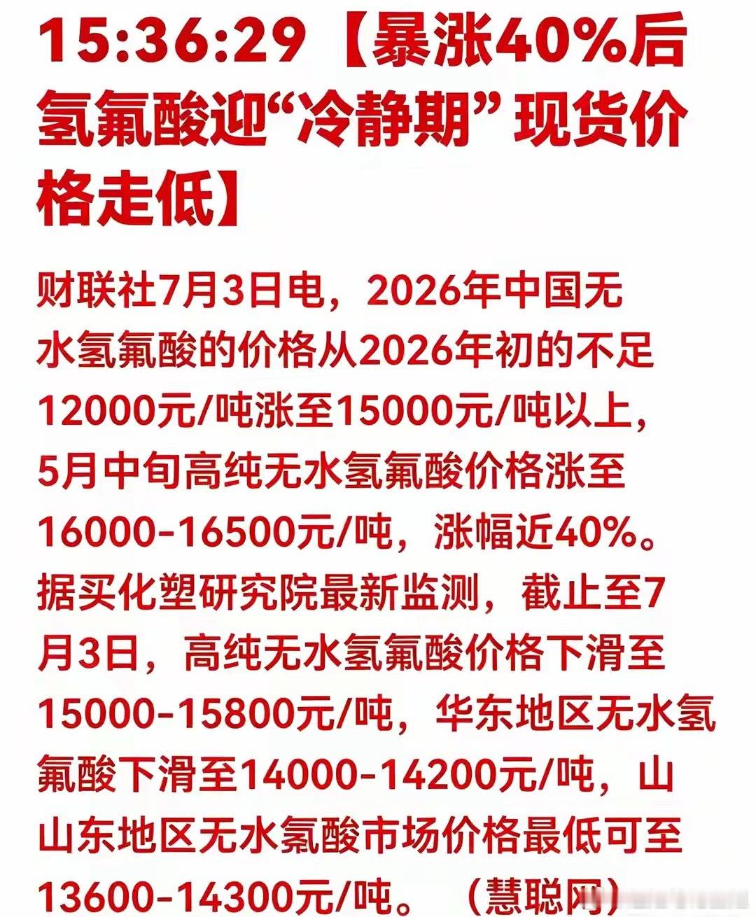 利空突袭！氢氟酸价格拐头下跌，6只氟化工股风险拉满一、消息深度解读：暴涨40%后
