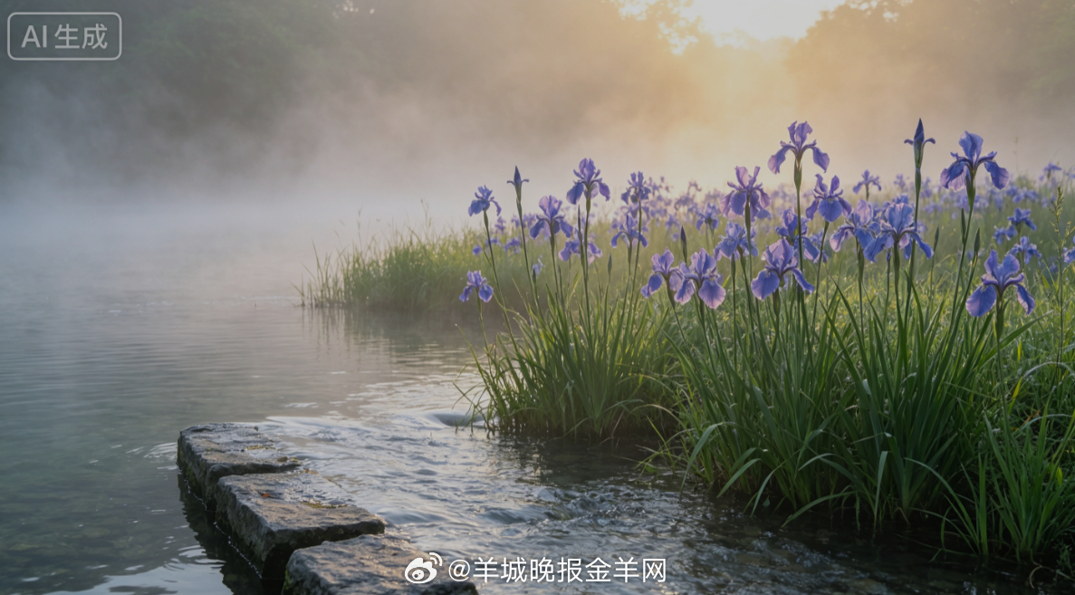 #早安# 晨雾轻轻落在浅水边，蓝紫色鸢尾花在晨光里慢慢舒展。沿着湿润石板慢慢走，